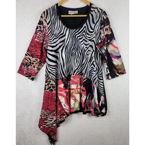 Boho Large Knit Top 3/4 Sleeves V Neck Pullover Asymmetric Colorful Animal Tunic